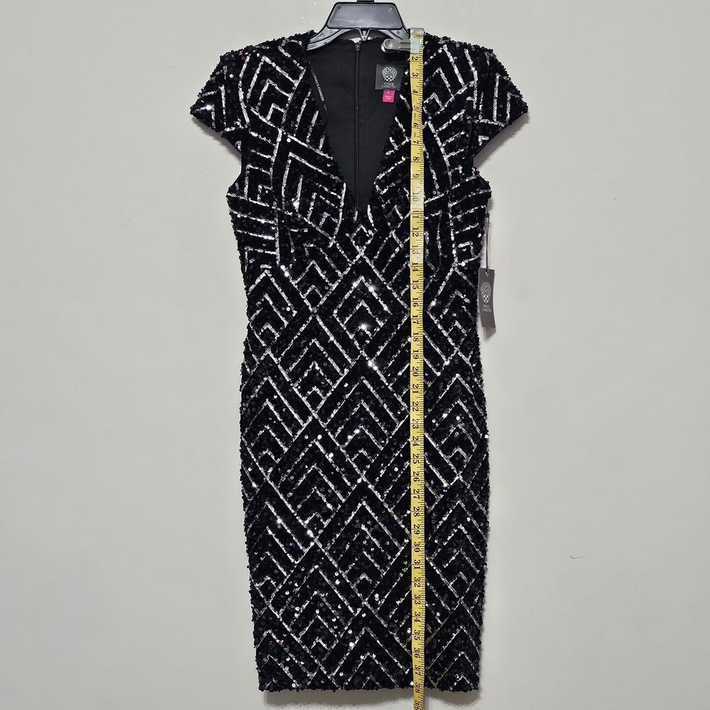 Vince Camuto Women Dress 4 Black Mini Capped Sleeve Deep Vneck Sheath Sequin 748 - Picture 3 of 15